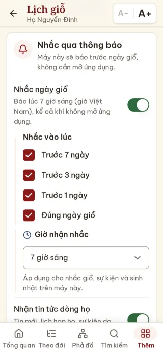 Bảng bật nhắc giỗ và nhắc sự kiện của dòng họ